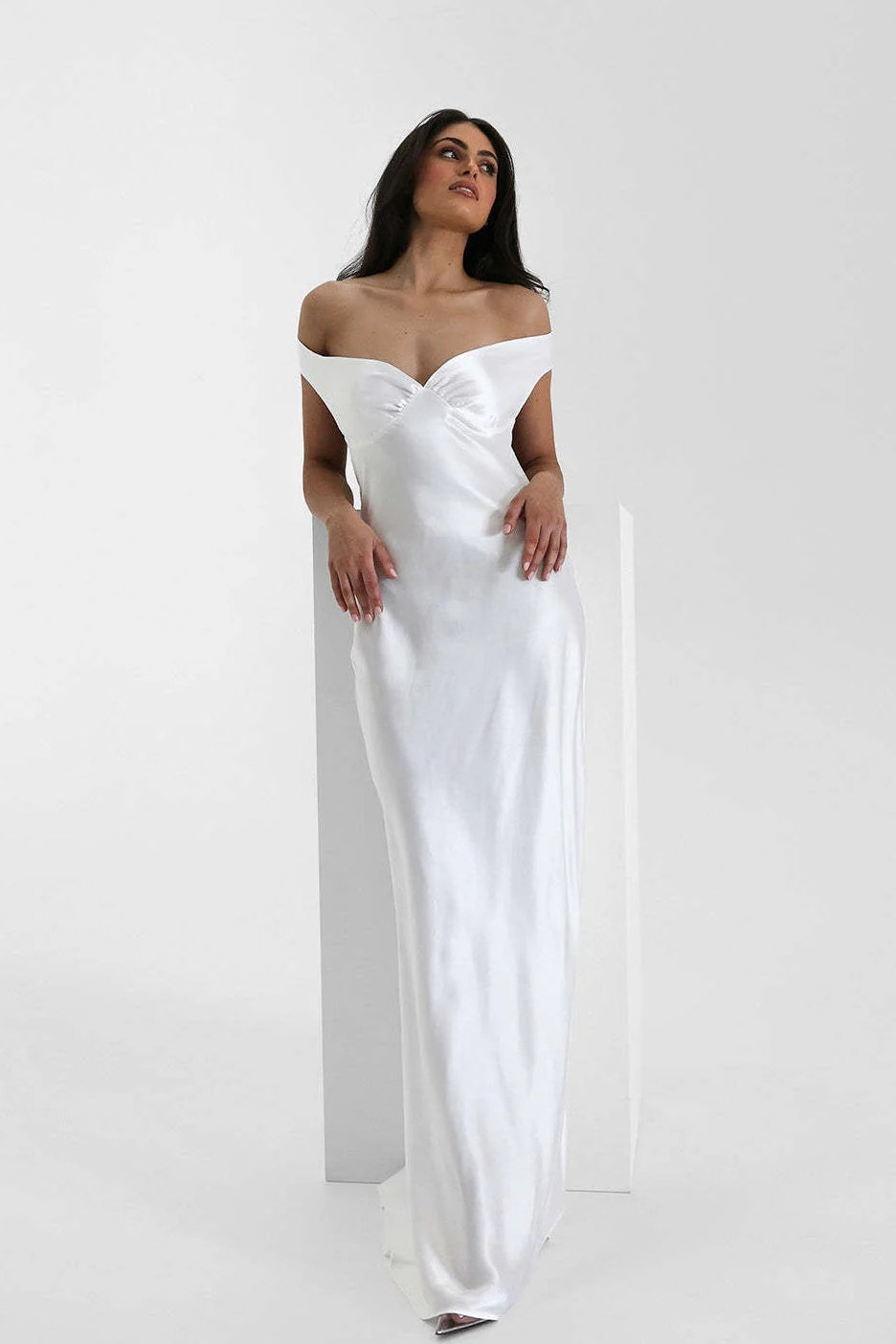 Vintage Satin Mermaid Off Shoulder Maxi Dress