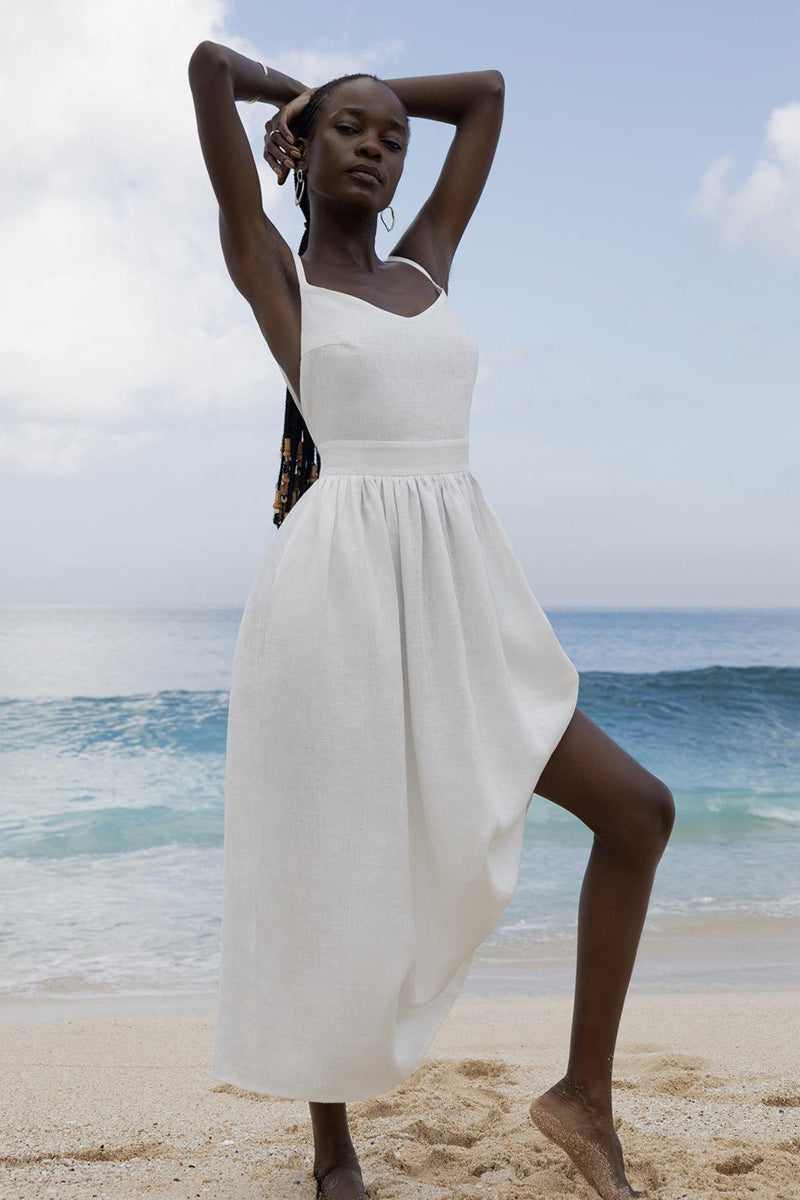 Cotton V Neck Spaghetti Strap Elegant Tie Backless Midi Dress