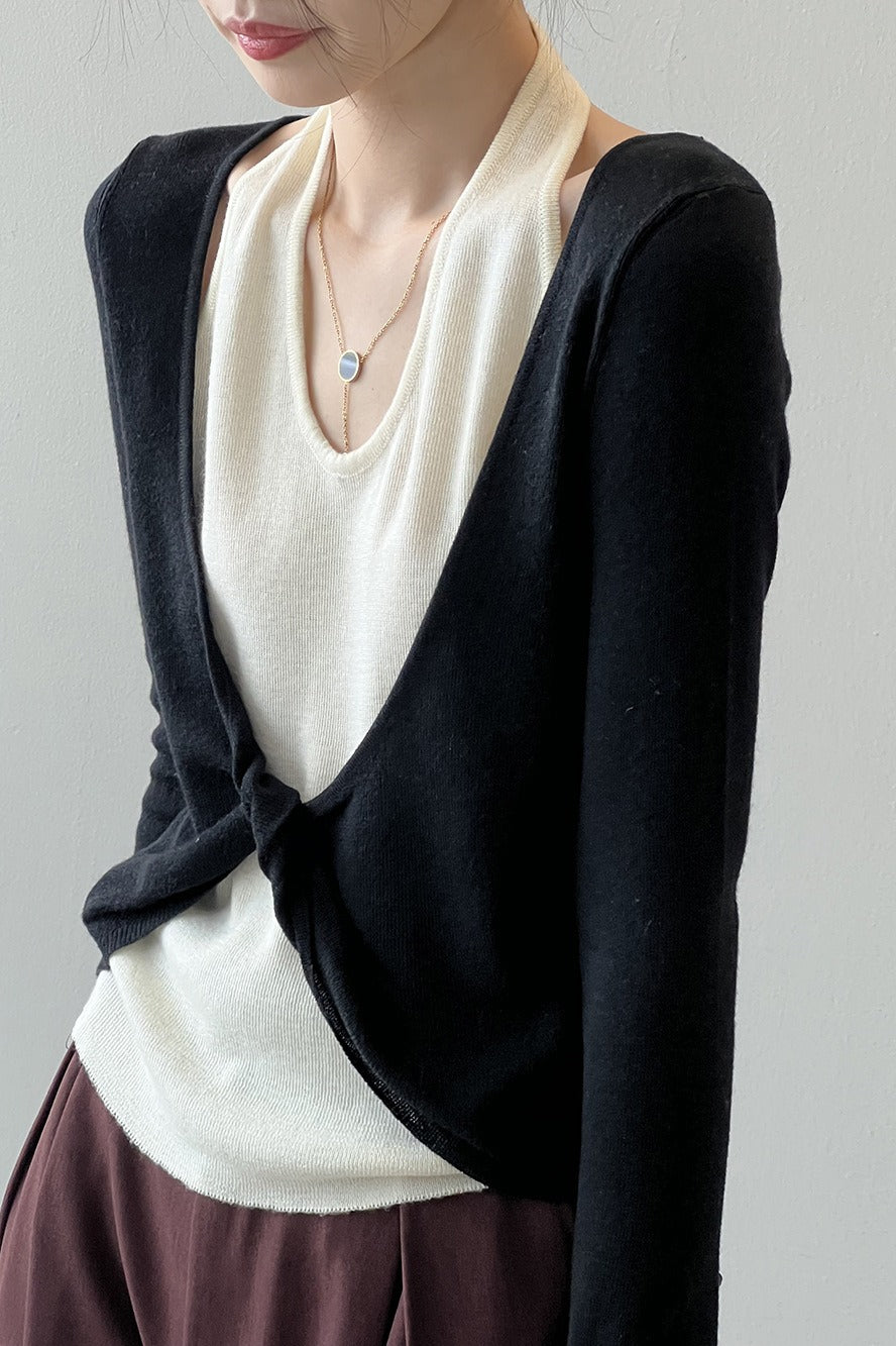 Dlouhé tričko s vrstveným patchworkovým halterem a dlouhým rukávem