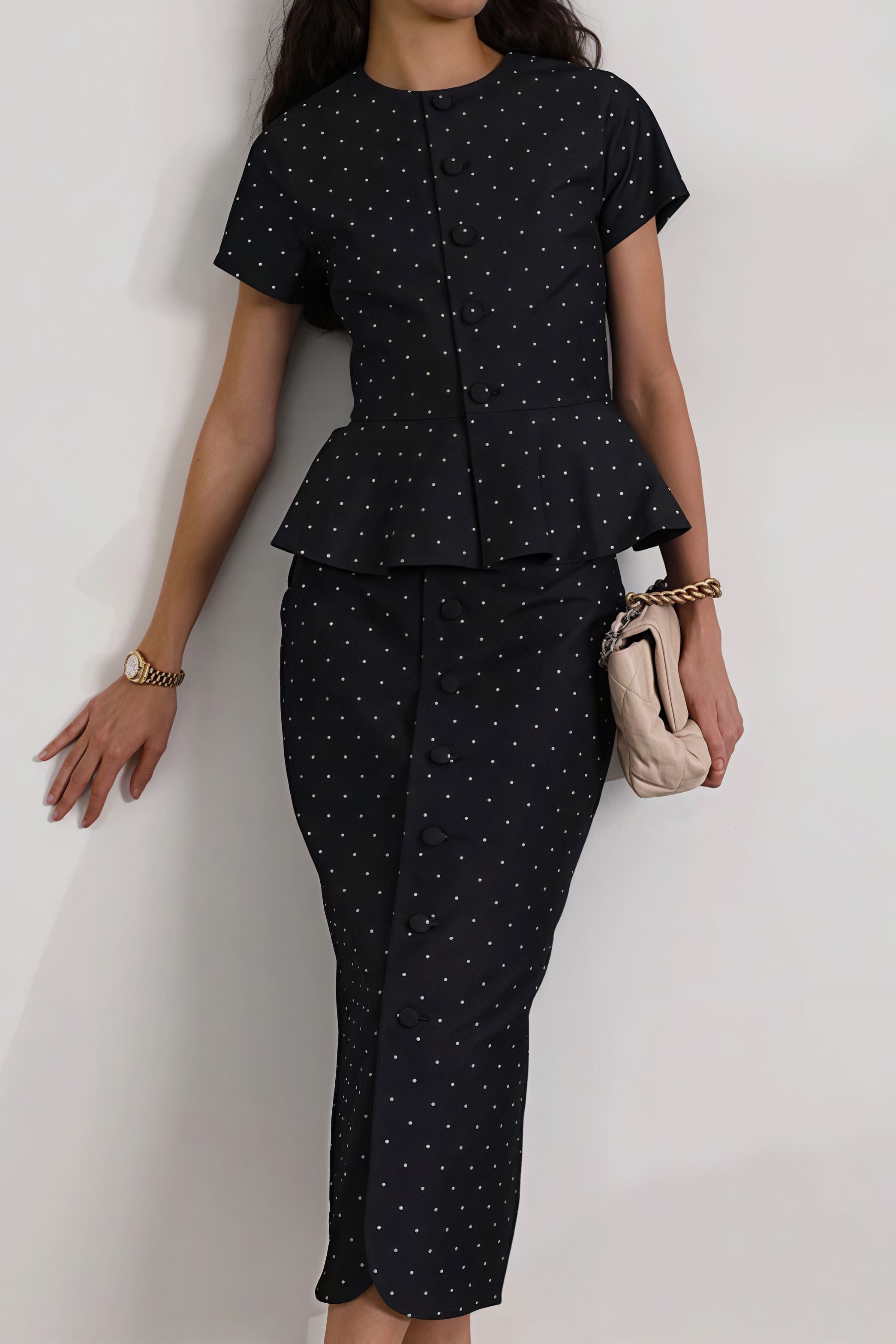 Polka Dot Print Short Sleeve Bodycon Skirt  Set