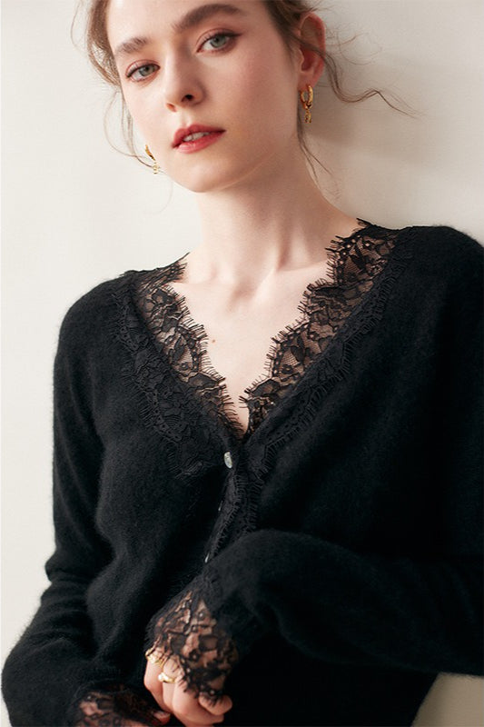 Cashmere Lace-Trimmed V-Neck Knit Cardigan