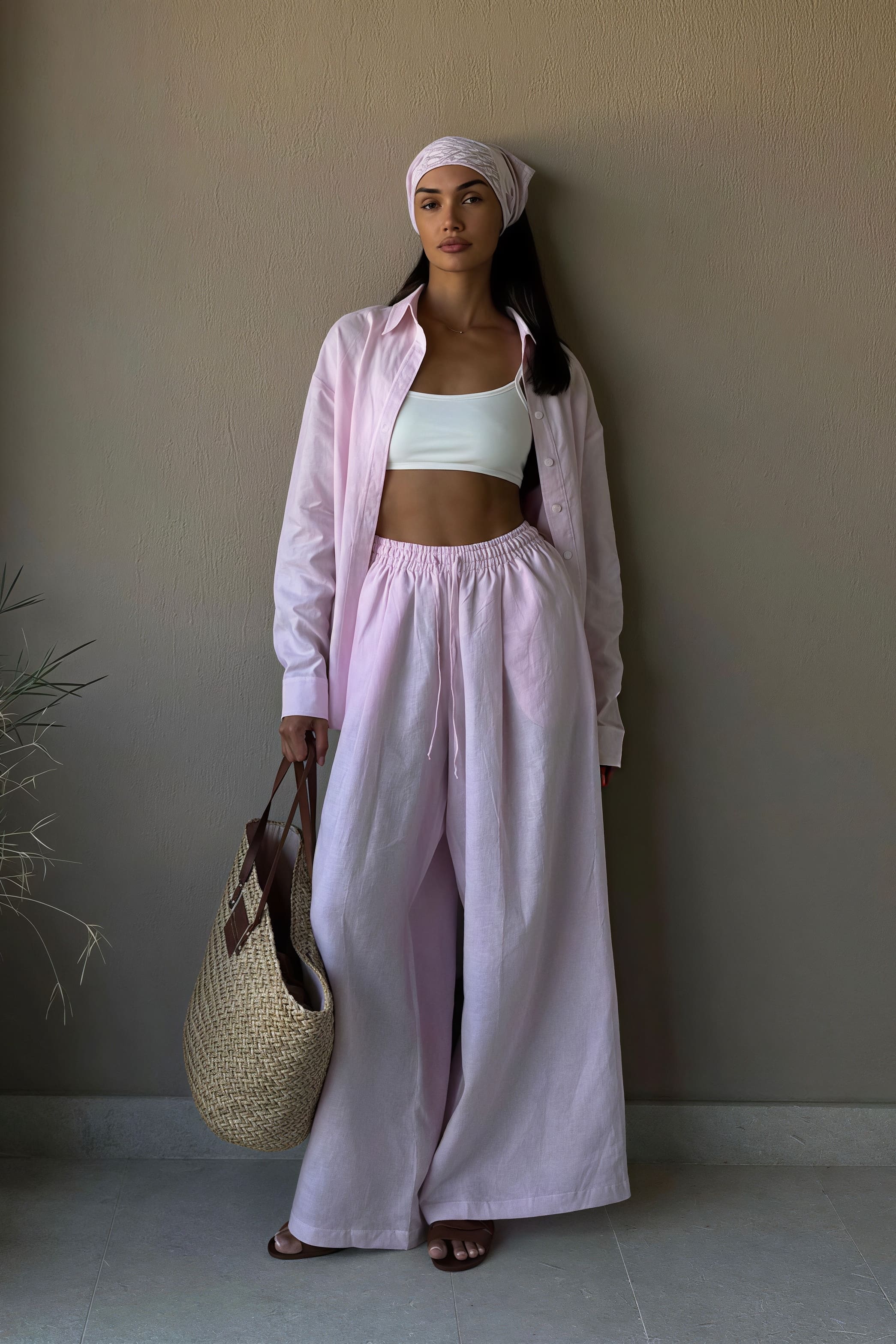 Bavlněný volný dvoudílný komplet s dlouhým rukávem a kalhotami