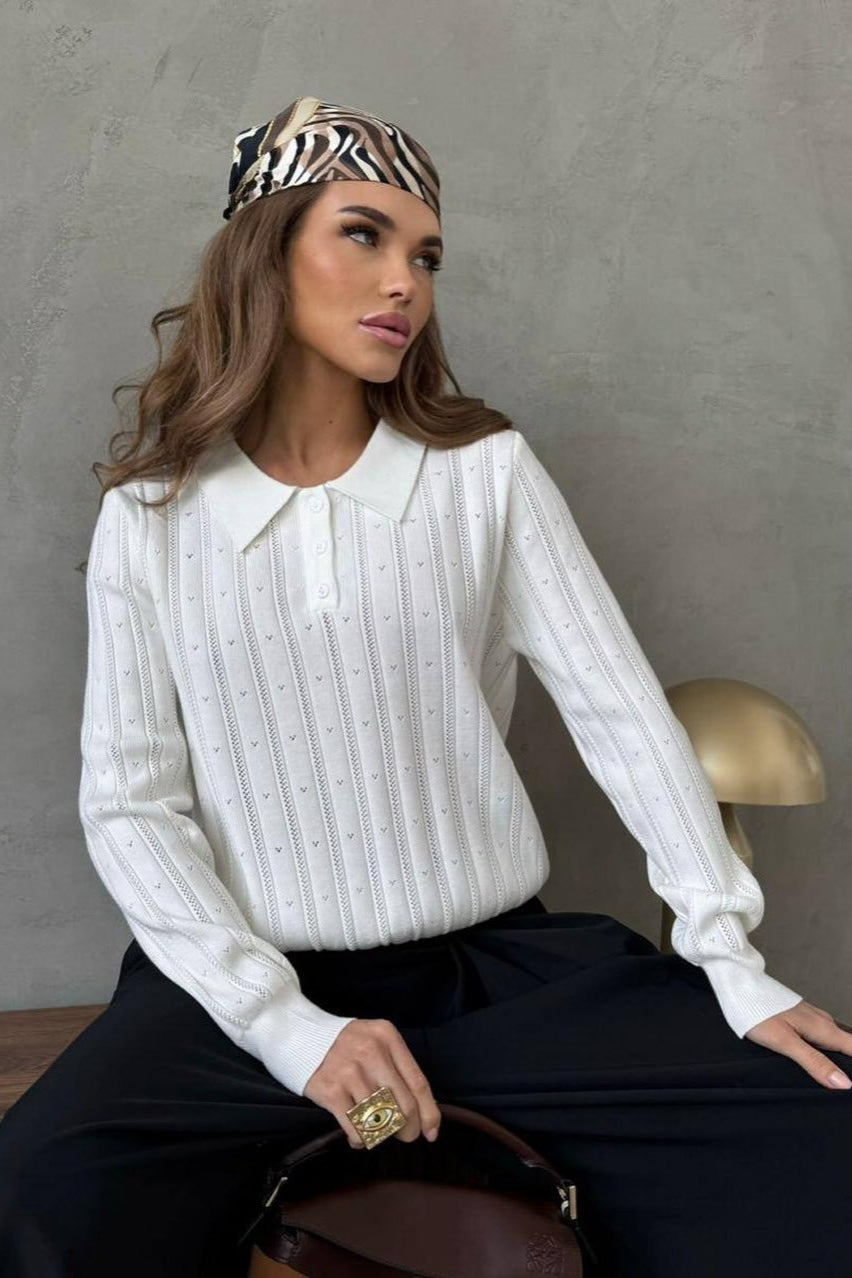 Jacquard Polo Collar Long Sleeve Loose Blouse