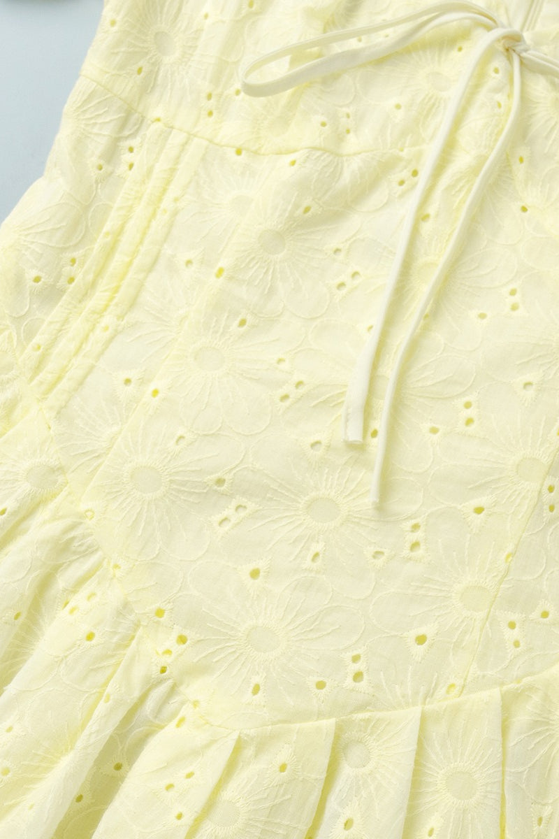 Cotton Yellow Embroidered Tie Waist Mini Dress