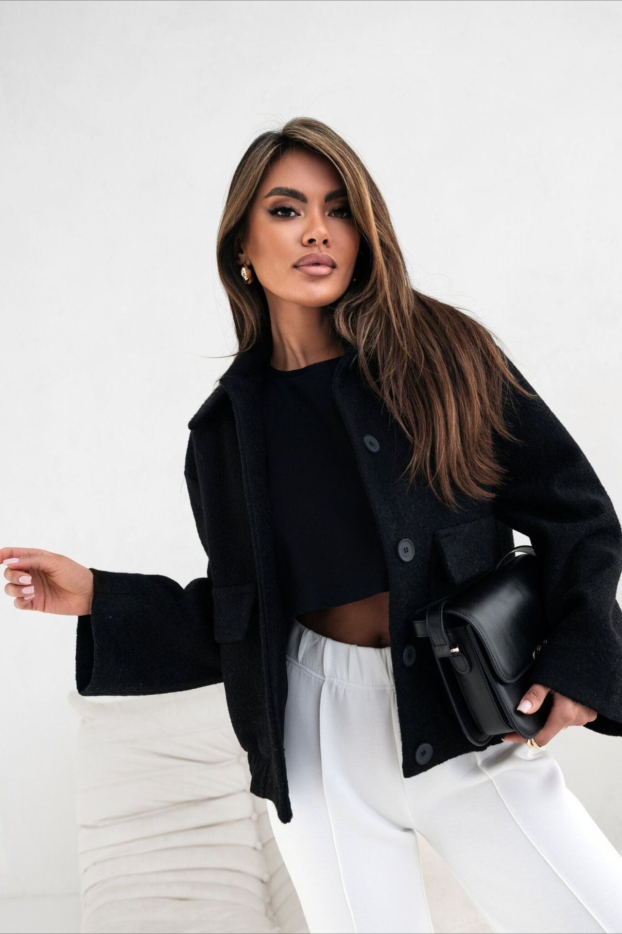 Abrigo de Lana Sólida a la Moda con Bolsillo, Elástico y Broche