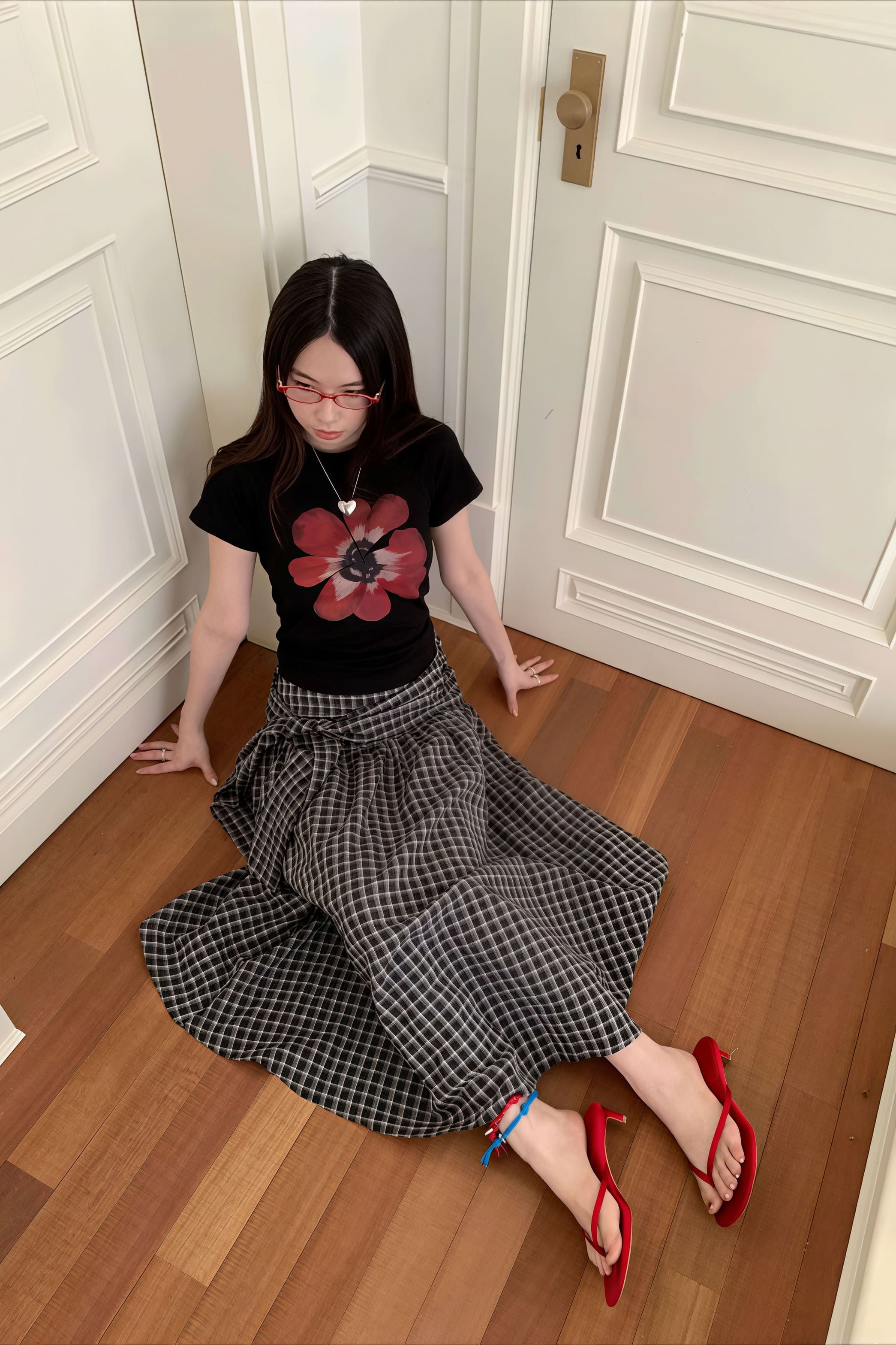 Color Block Plaid Tie Side Zip Loose Skirt