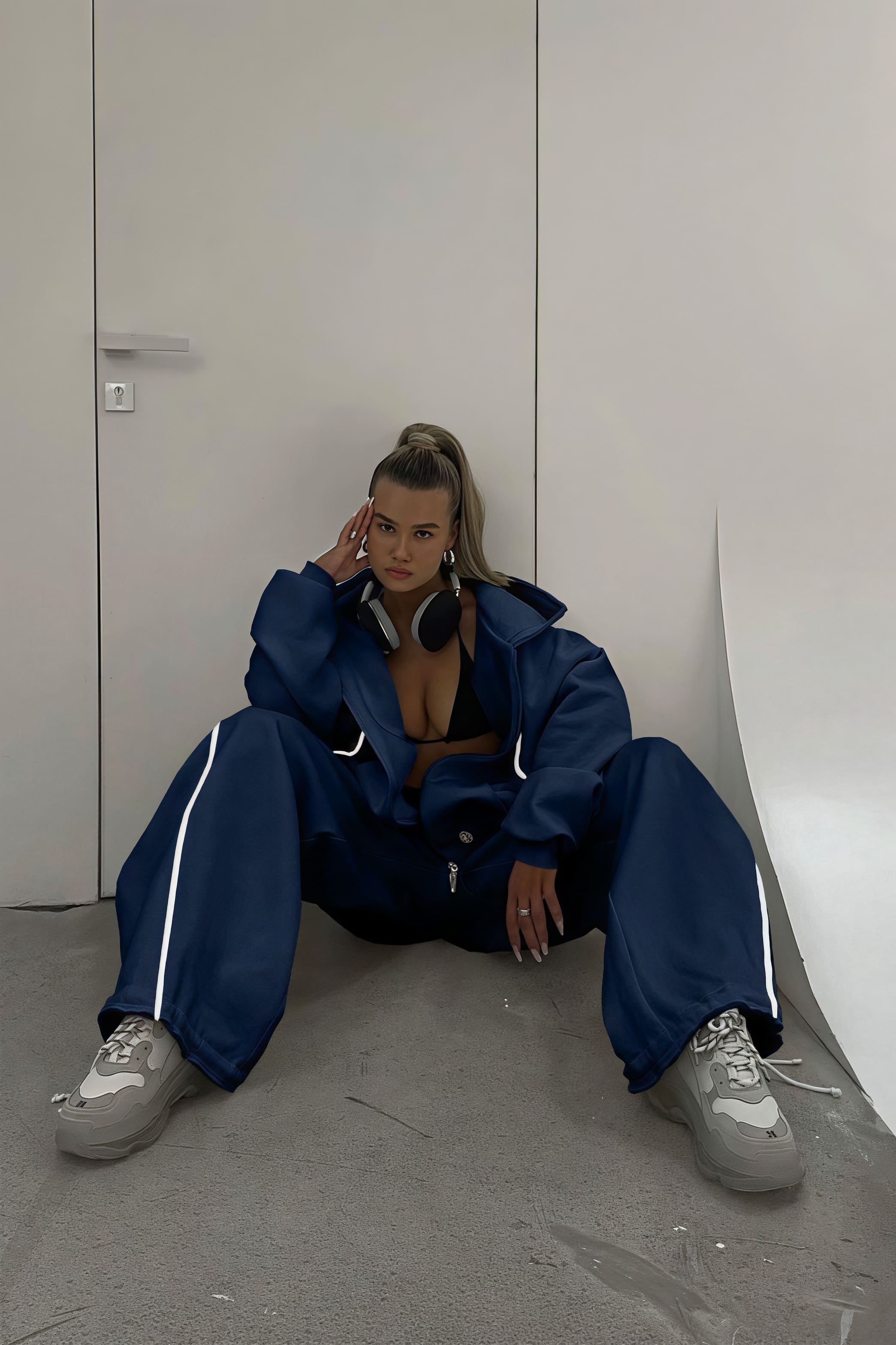 Farbblock Gestreifter Kapuzen-Reißverschluss Lockerer Zweiteiler