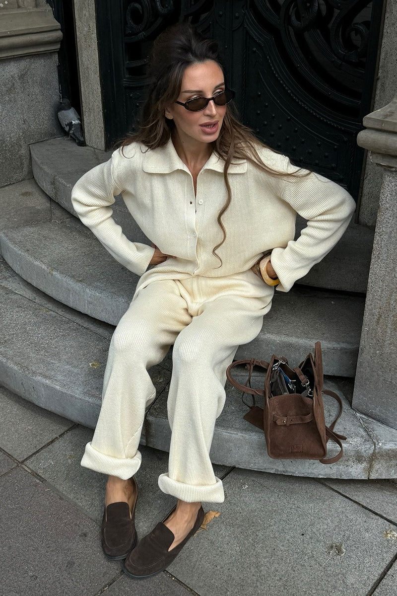 Knit Ribbed Collar Long Sleeve Loose Two Piece Set