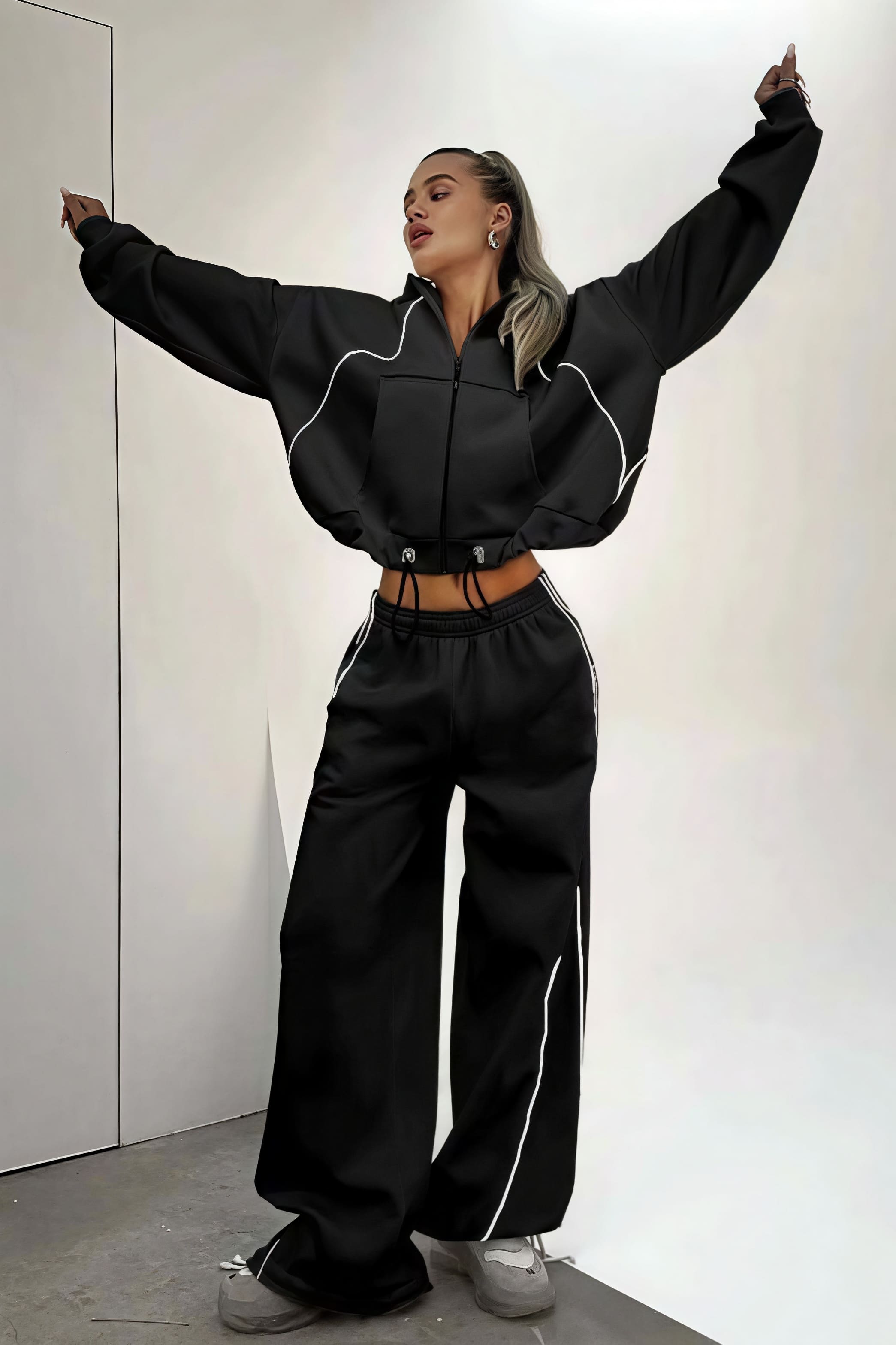 Farbblock Gestreifter Kapuzen-Reißverschluss Lockerer Zweiteiler