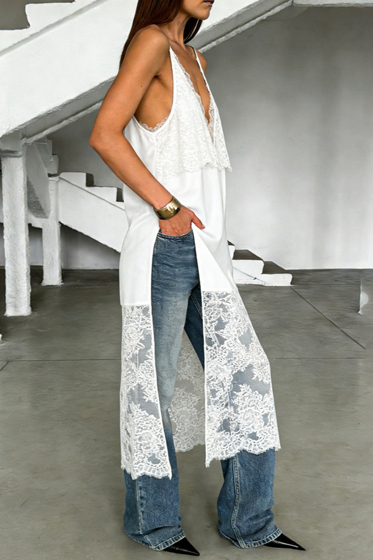 Verführerische Spitzenbluse mit V-Ausschnitt, elegant, mittellang