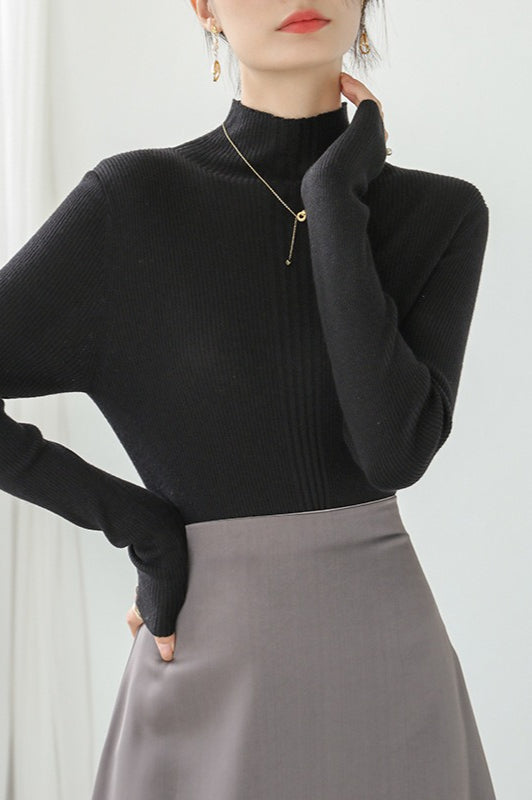 Elegant Apricot Mock Neck Long-Sleeve Pullover Knit Top
