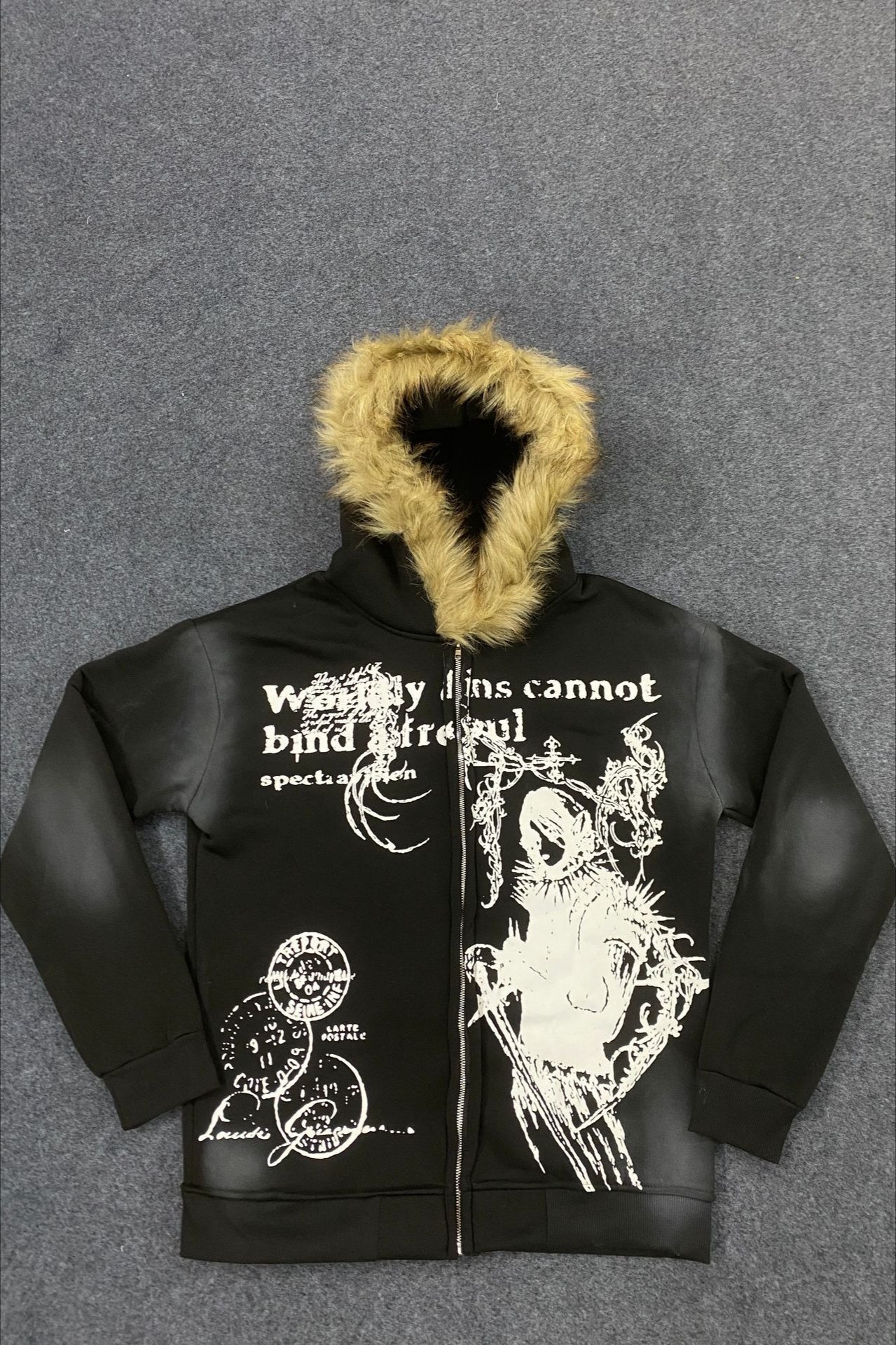 Straßenmuster Kapuzenpullover mit Pelzbesatz und lockerem Schnitt