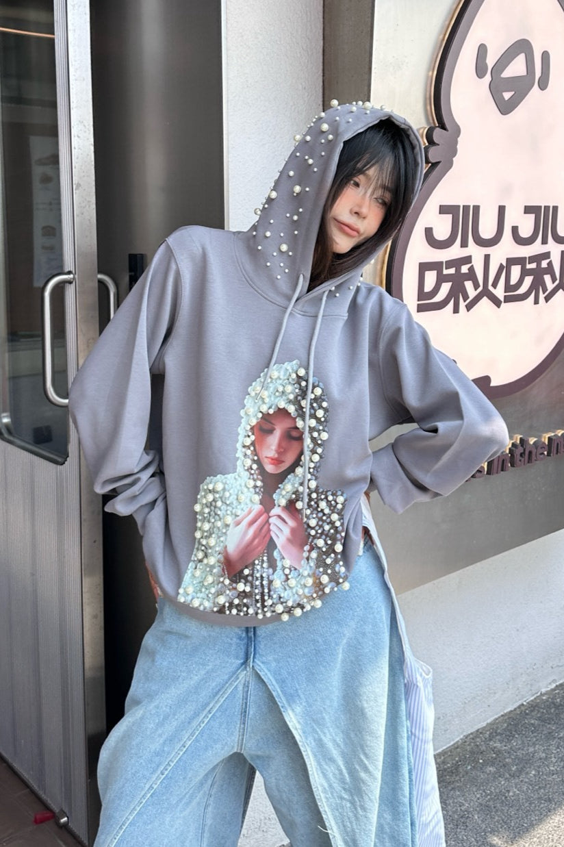 Mikina s kapucí s korálkovým vzorem, odvážný městský styl, volný střih