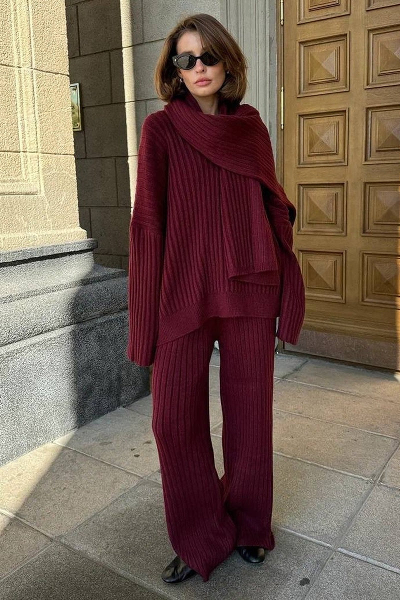 Relaxed Fit V Neck Ribbed Sweater with Pants Two Piece Pants Set