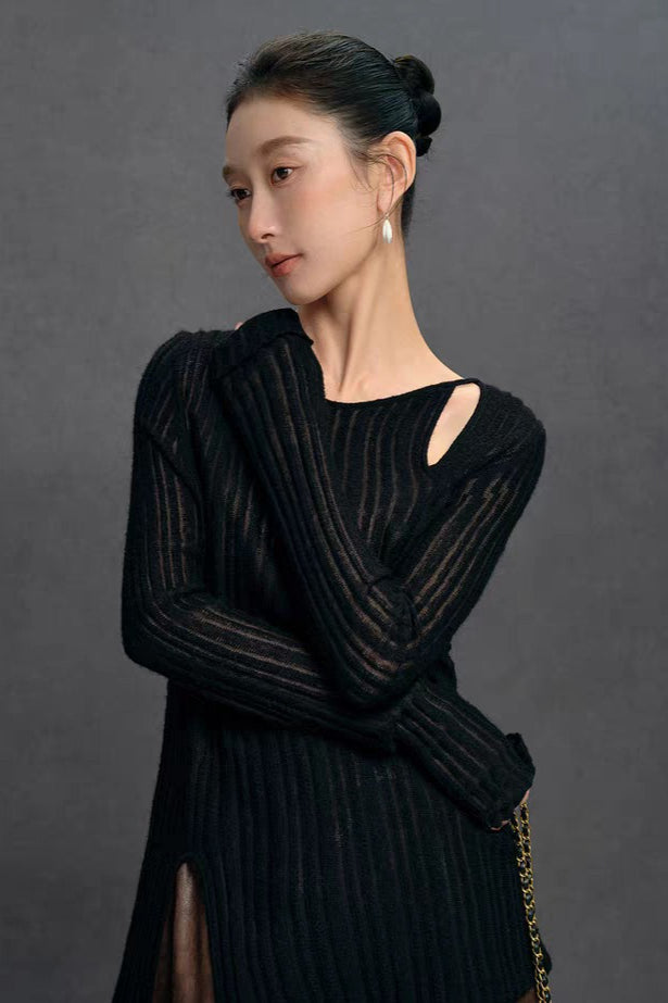 Yaohua Xiyan French Elegant Wool Openwork Ribbed Knit Top