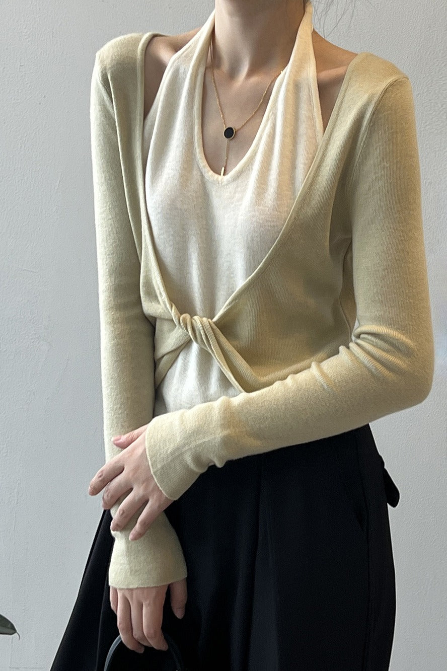 Dlouhé tričko s vrstveným patchworkovým halterem a dlouhým rukávem