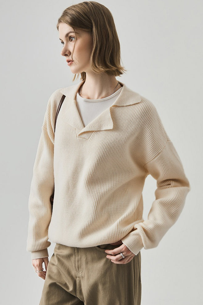 Oversized Lazy V-Neck Long-Sleeve Knit Top