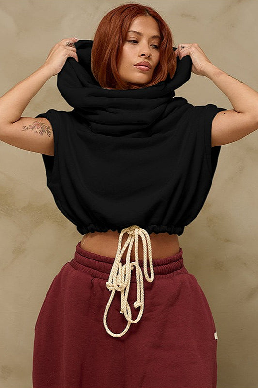 Solid Casual Wide Collar Cropped Hoodie