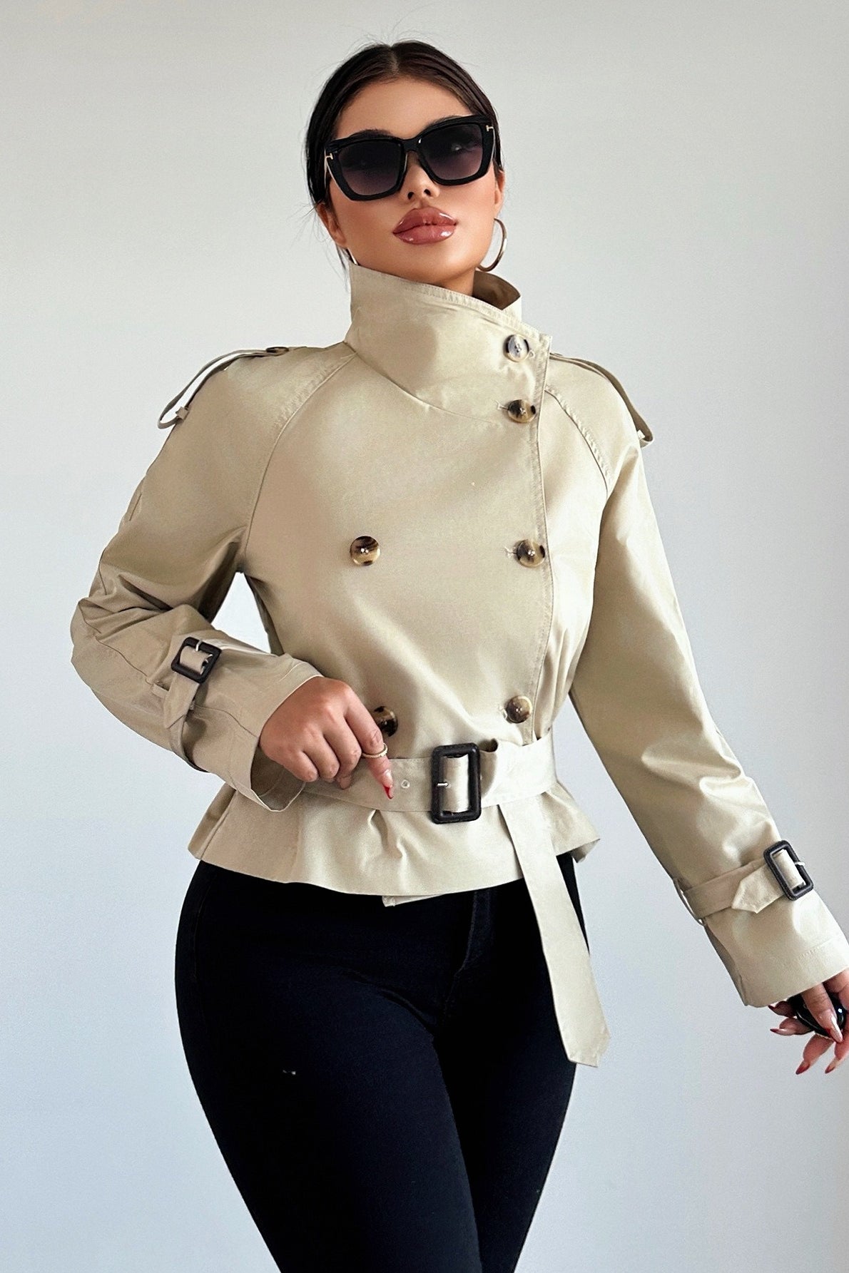 Collared Belted Buckle Short Trench Casual Women Jacket