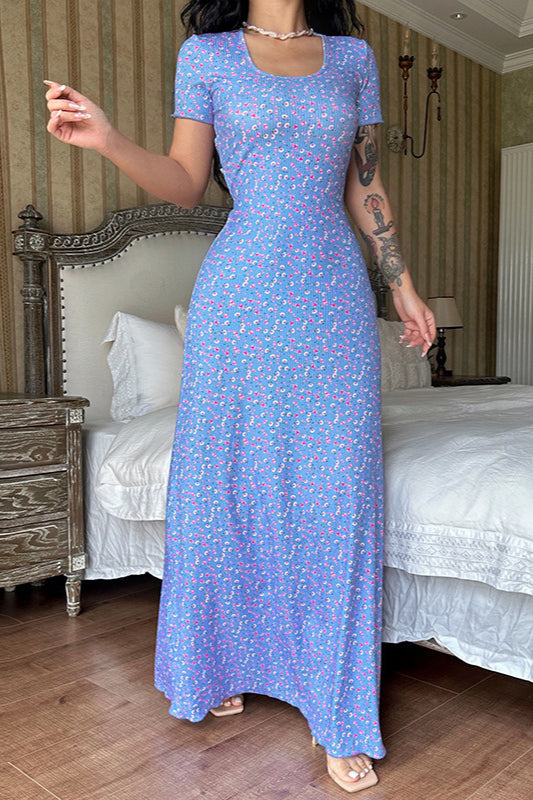 Short Sleeve U Neck Back Strap Floral Dress