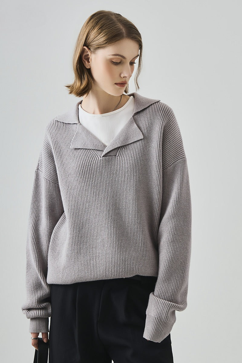 Oversized Lazy V-Neck Long-Sleeve Knit Top