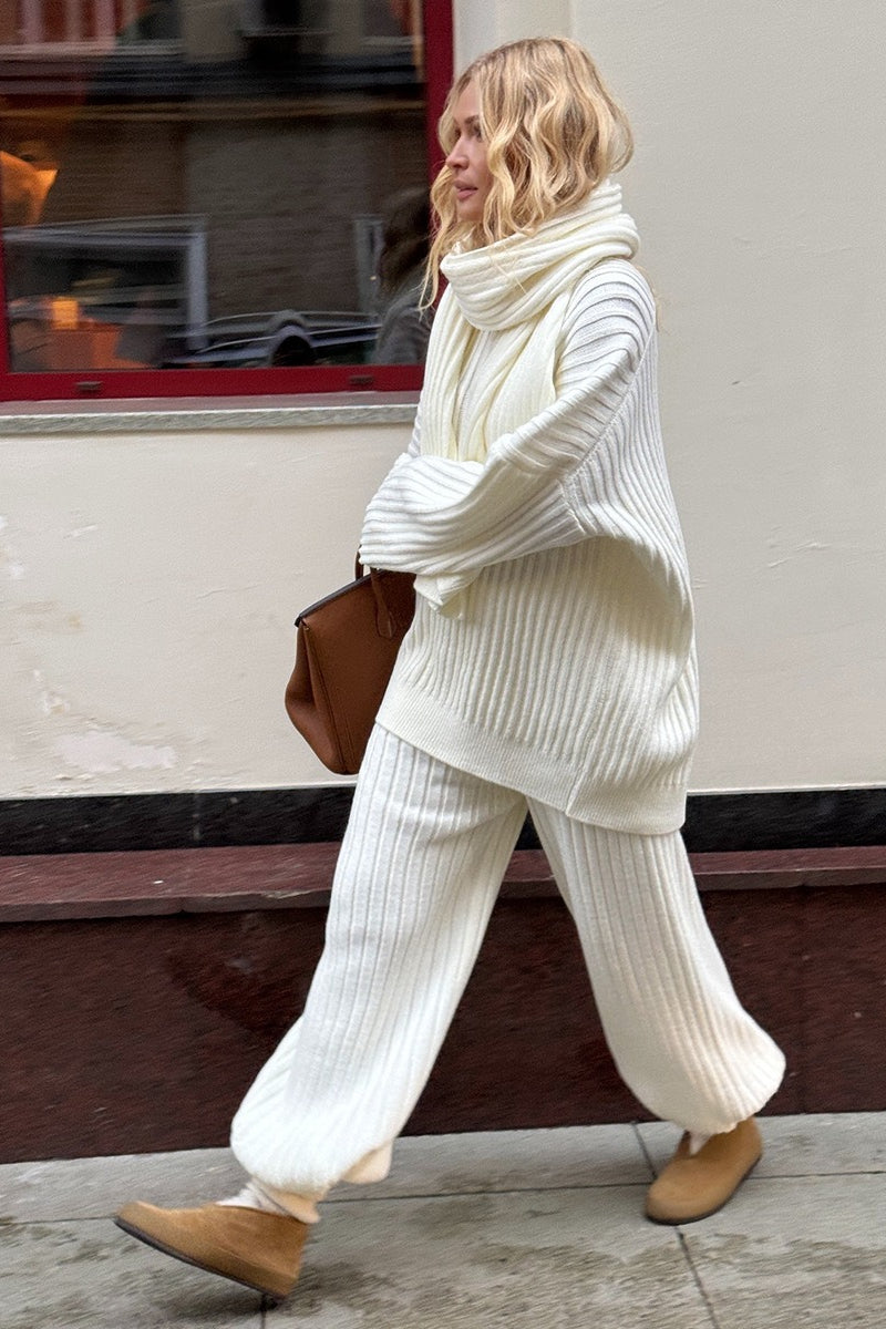 Relaxed Fit V Neck Ribbed Sweater with Pants Two Piece Pants Set