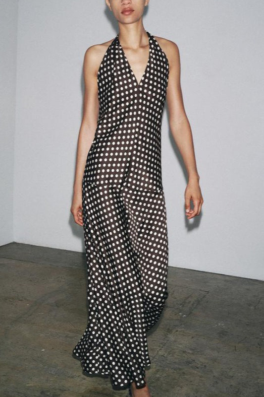 Robe longue à col licou à pois