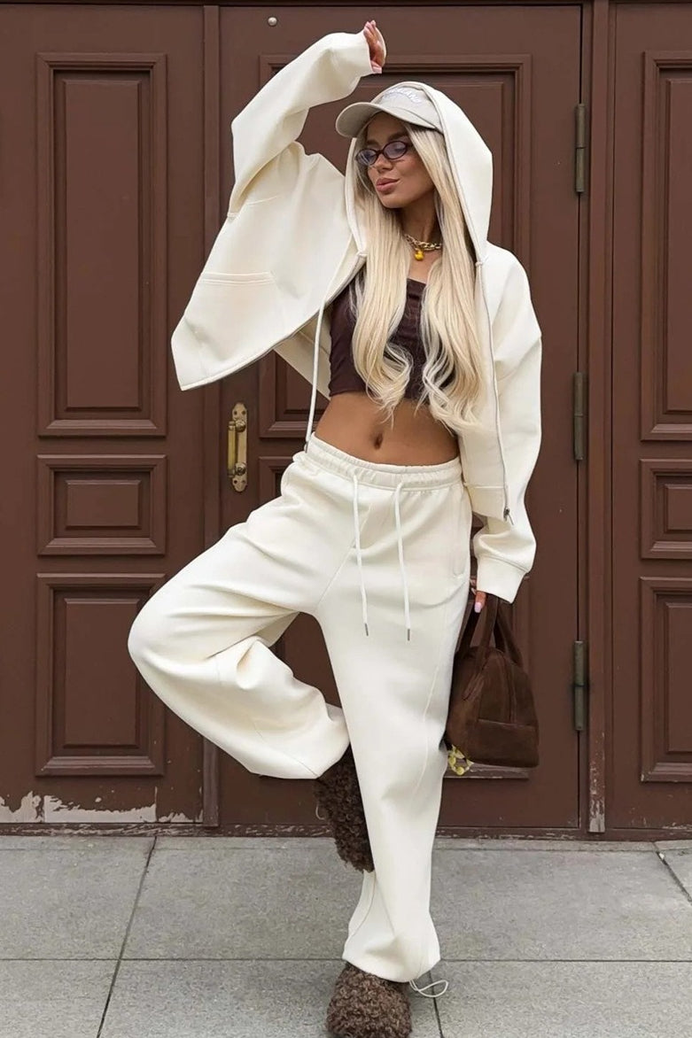 Zipper Hoodie Long Sleeve Wide Leg Pants Two Piece Set