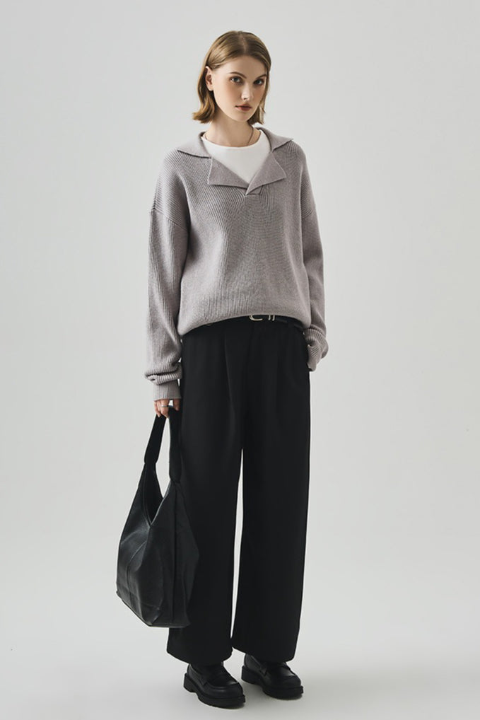 Oversized Lazy V-Neck Long-Sleeve Knit Top