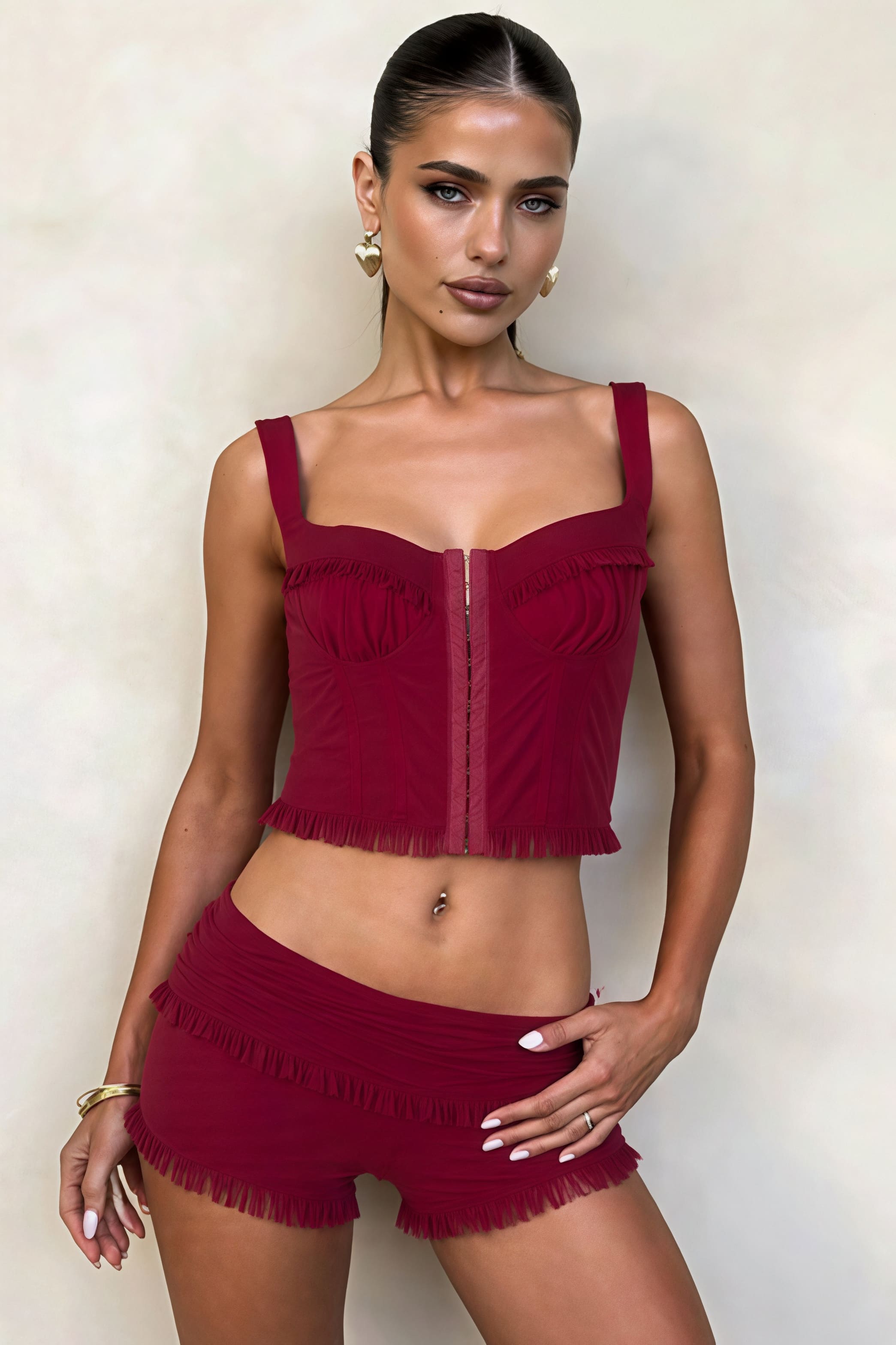 Ensemble mode débardeur à boutons-pression, short ajusté à volants et jupe