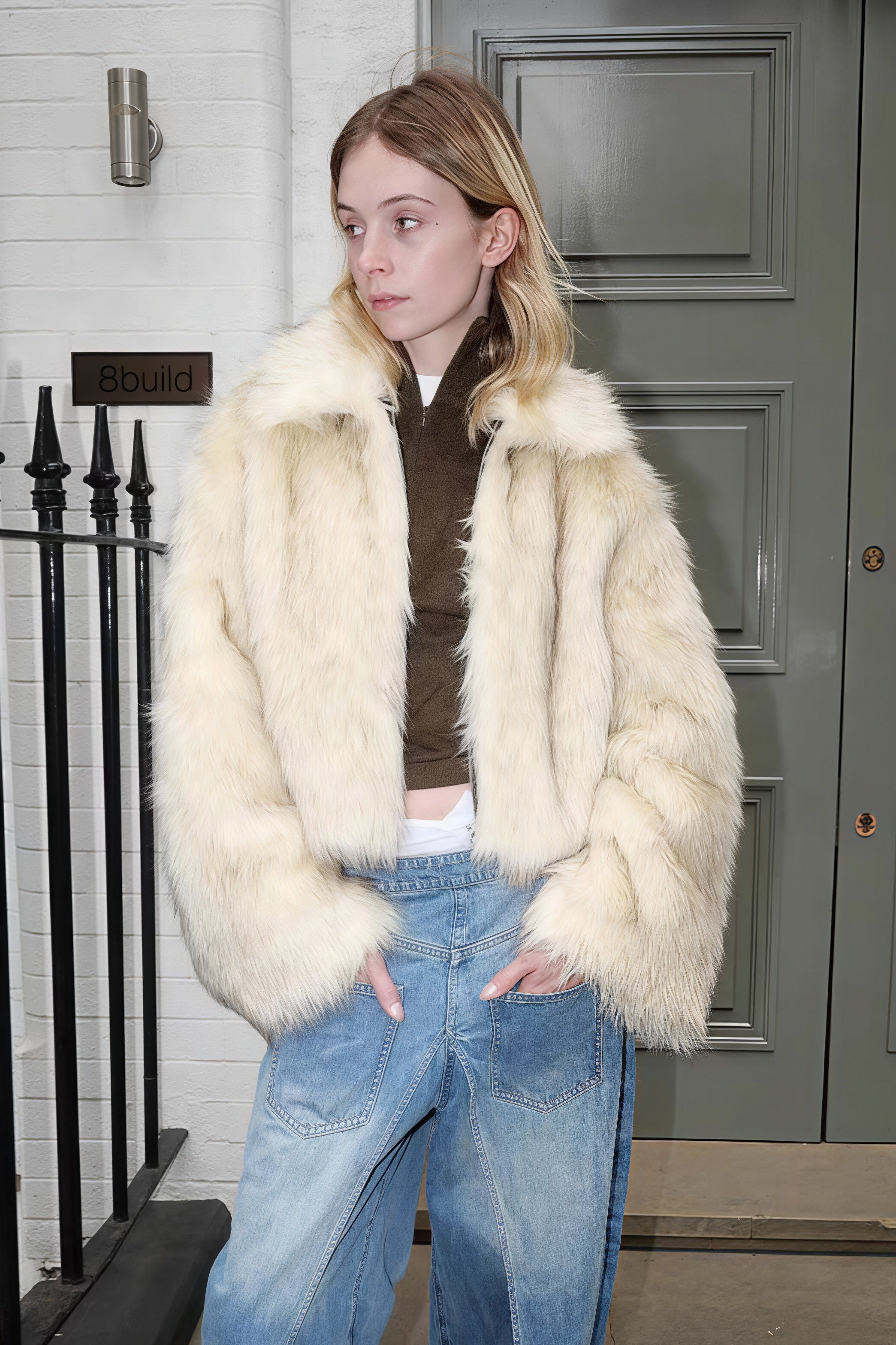 Kurzer gesteppter Mantel aus künstlichem Fuchsfell