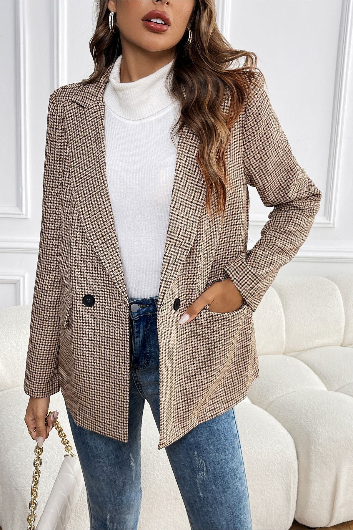 Vintage Houndstooth Elegant Casual Blazer