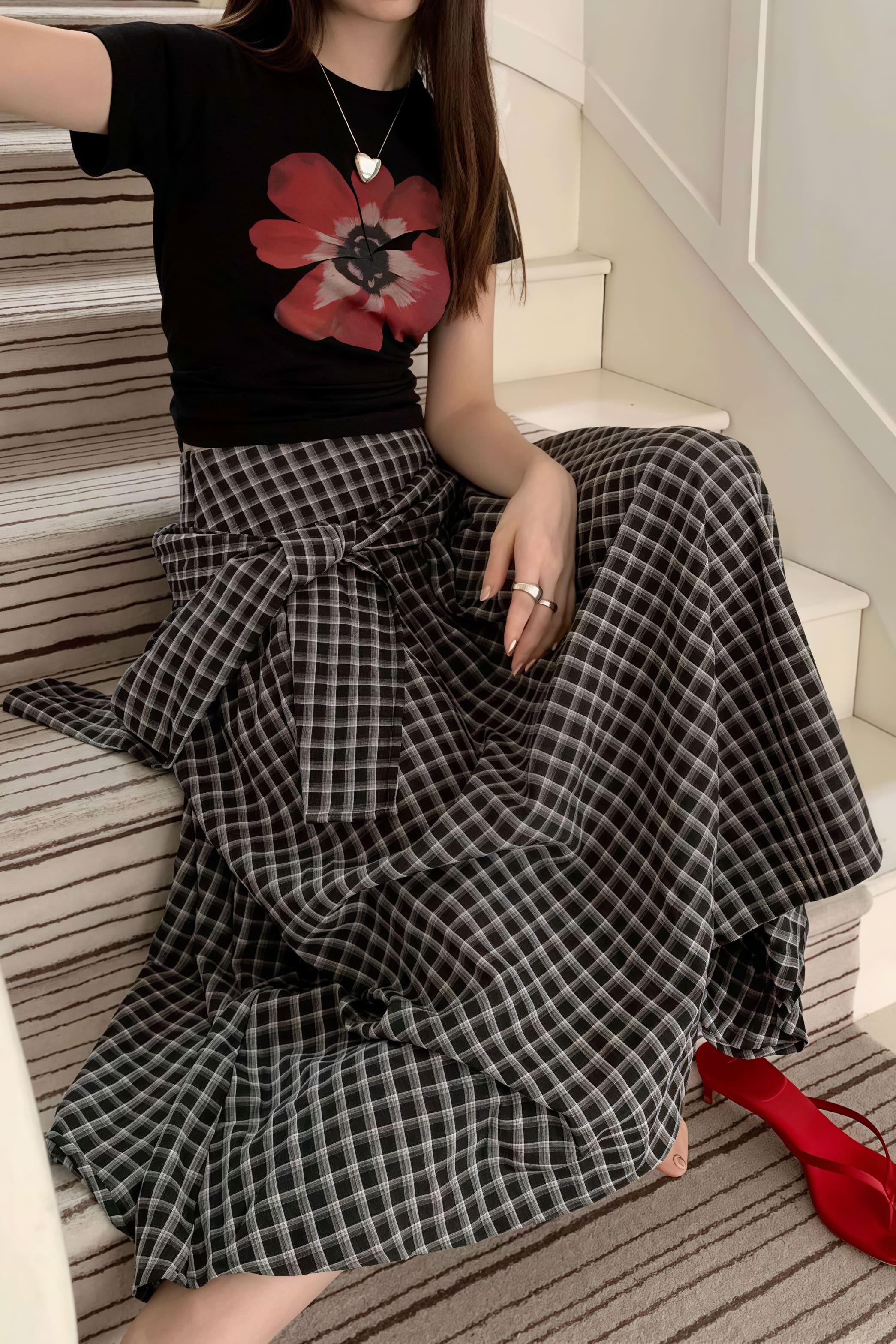 Color Block Plaid Tie Side Zip Loose Skirt