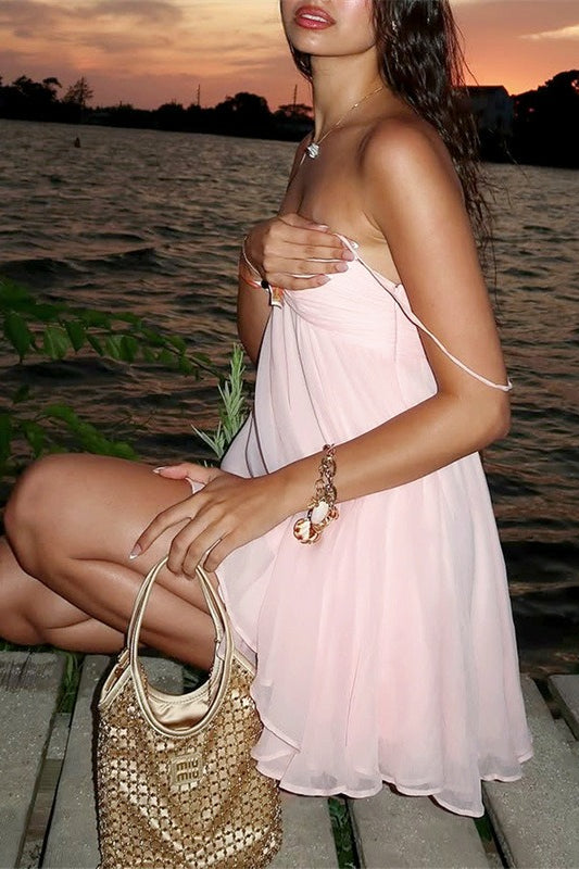 Schulterfreies, fließendes Chiffon-Trägerkleid in Mini-Länge