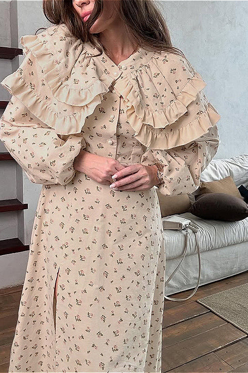 Elegantes florales Kleid mit Puffärmeln, V-Ausschnitt, Rüschen, Gürtel und Schlitz