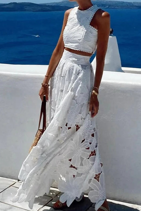 Krajkové průstřihy volné plážové dvoudílné bohémské šaty