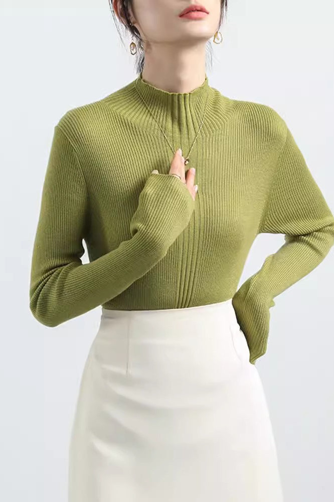 Elegant Apricot Mock Neck Long-Sleeve Pullover Knit Top