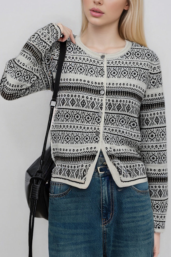 Vintage Jacquard Crew Neck Button Knit Cardigan