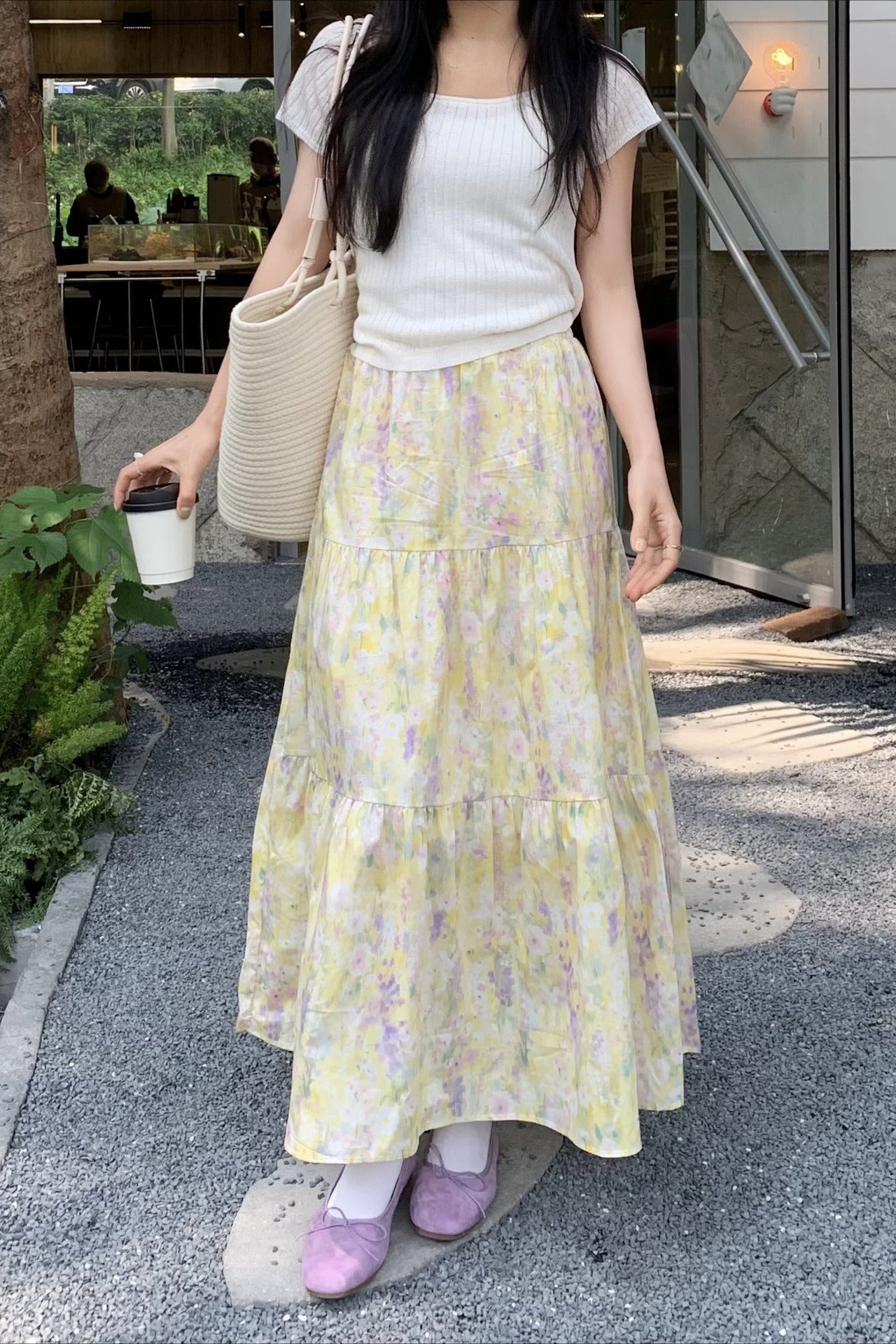 Monet Garden Yellow Floral Midi Skirt