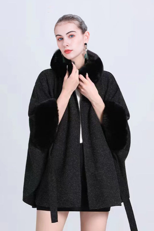 Fur Collar Tie Knitted Cardigan Loose Wool Blend Cape Coat