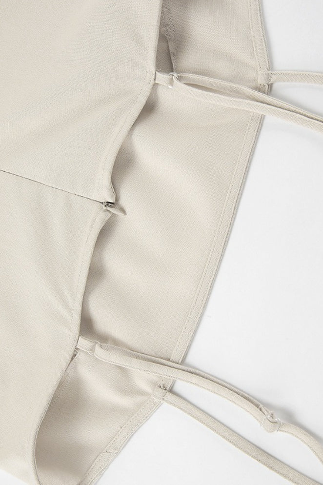 Vestido largo suelto de oficina de lino y algodón color caqui con tirantes finos