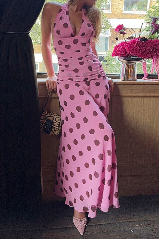 Retro maxi šaty s puntíky a zavazováním za krk, výstřih do V