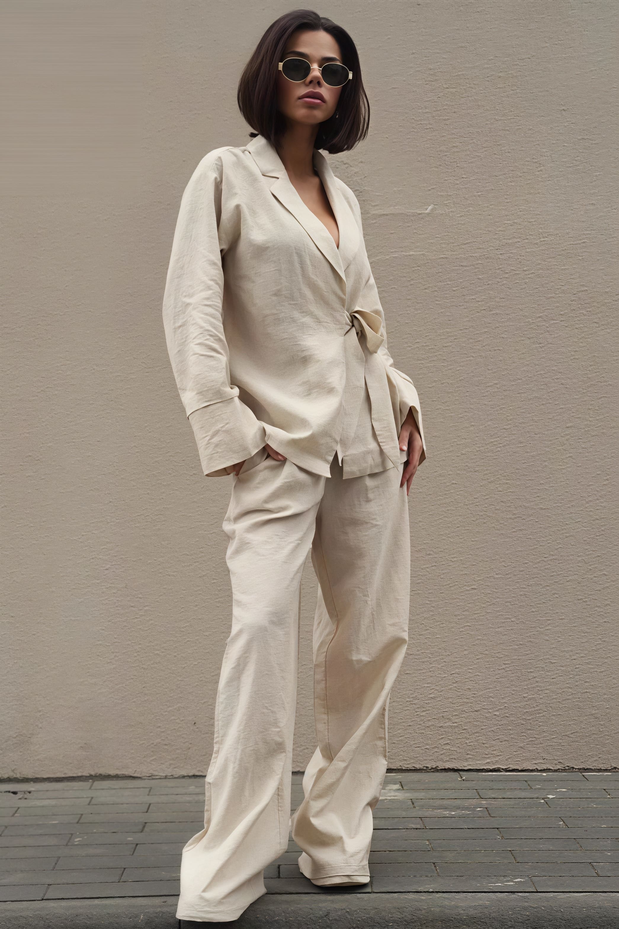 Completo due pezzi con cardigan annodato davanti e pantaloni larghi