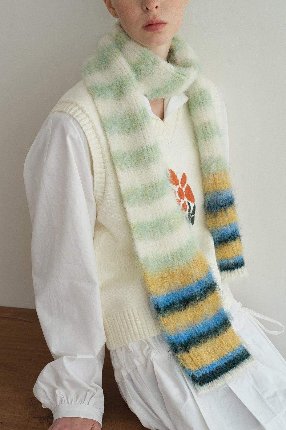 Contrast Striped Narrow Soft Wool Blend Knitted Scarf