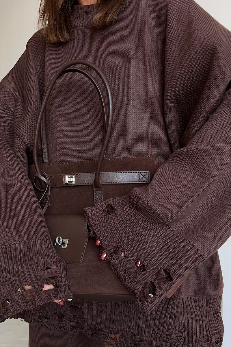 Solider grob gestrickter Pullover mit Rundhalsausschnitt, zweiteiliges Set