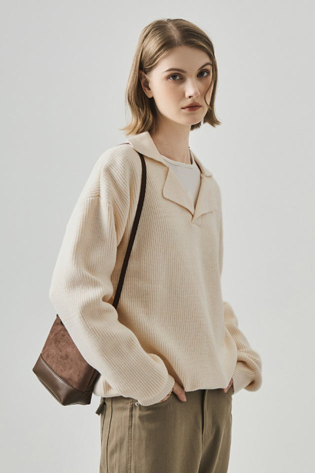 Oversized Lazy V-Neck Long-Sleeve Knit Top