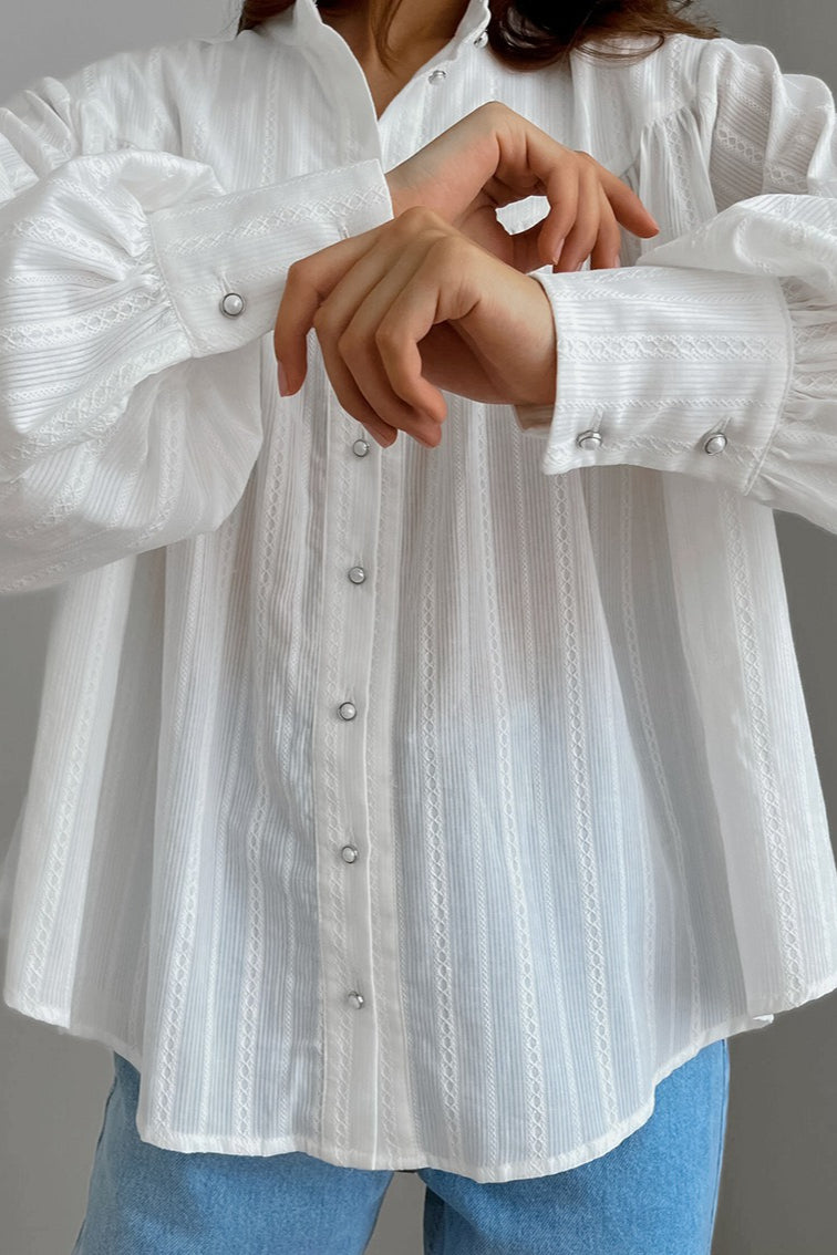 White Cotton Jacquard Stand Collar Blouse