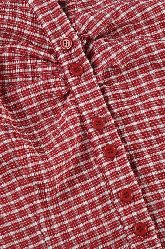 Preppy Plaid Button Down Collar Slim Blouse