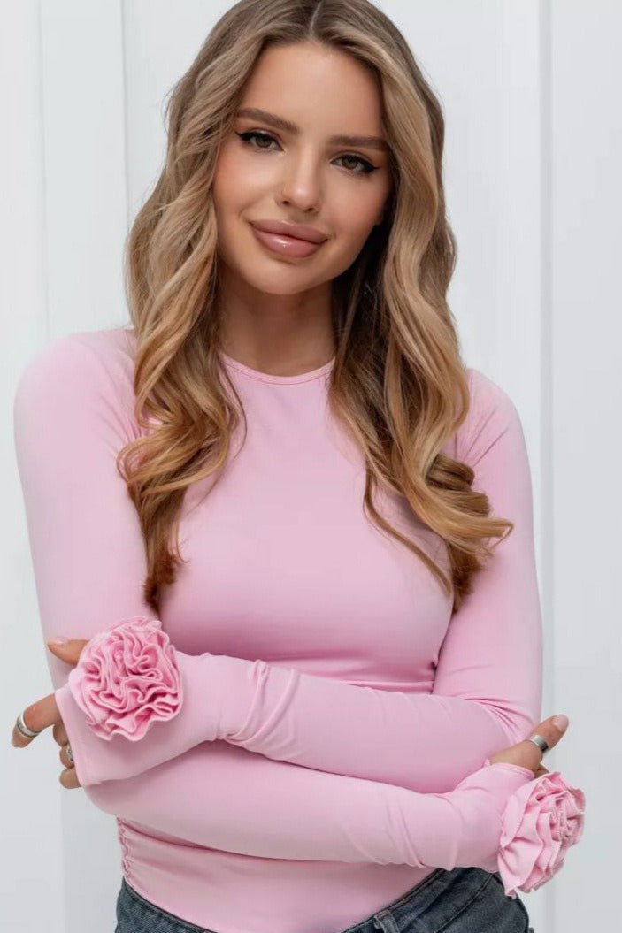 T-shirt ajusté à manches longues avec motif floral en relief 3D