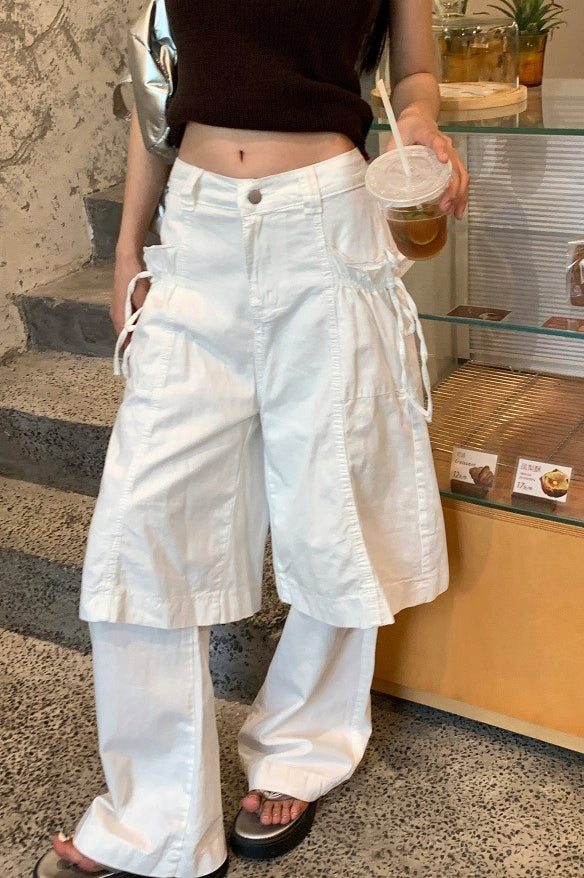 Bow Tie Fake Two Piece White Y2K Loose Jeans